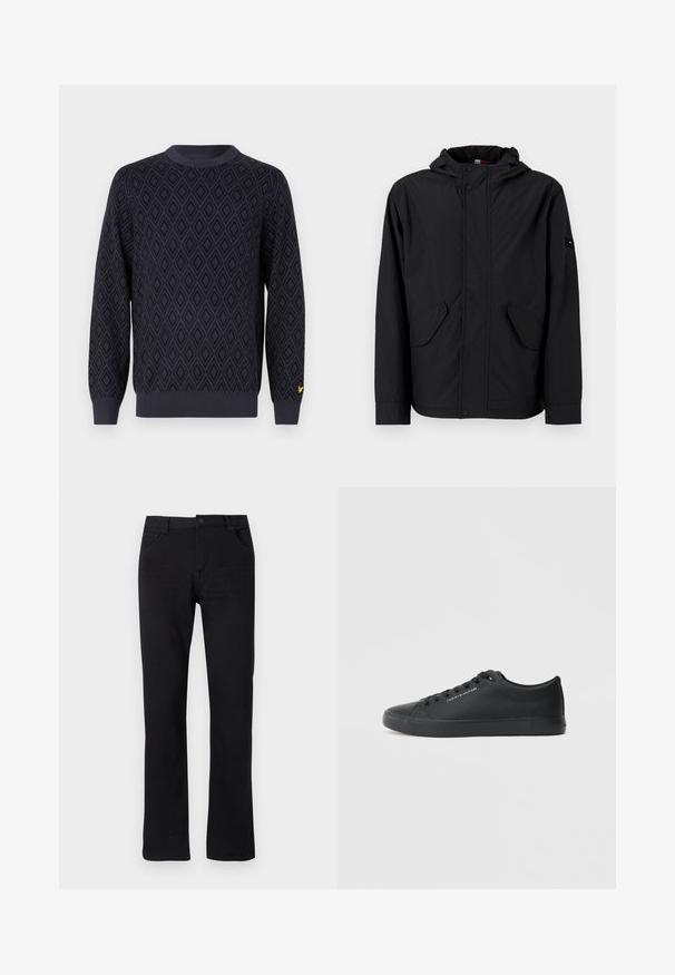 Giacca nera con cappuccio, dotata di tasche sul davanti, chiusura con zip e bottoni a pressione, esposta su uno sfondo chiaro e uniforme.; Maglione lavorato a maglia di colore blu navy con motivo a rombi, scollatura rotonda, polsini e orlo a costine, con un piccolo logo giallo sulla manica sinistra.; Jeans neri a gamba dritta in denim. Presentano una chiusura a zip, cinque tasche e cuciture sottili. Vita piatta con passanti per cintura.; Tommy Hilfiger VULC LOW - Sneakers basse - triple black