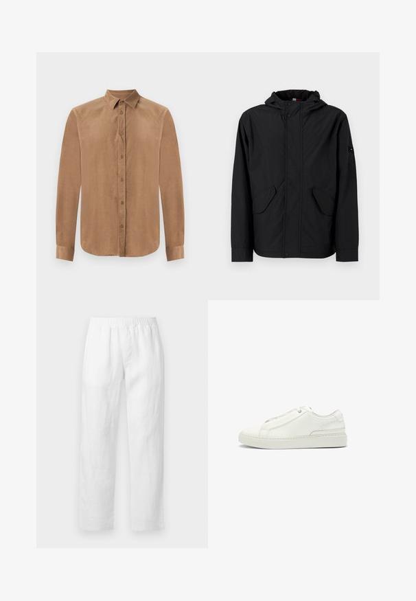 Schwarze Kapuzenjacke mit vorderen Klappentaschen, Reißverschluss und Druckknopfverschluss, auf einem hellen, einfarbigen Hintergrund präsentiert.; Braunes, langärmliges Button-Up-Hemd aus weichem Stoff, mit klassischem Kragen und vorderer Knopfleiste. Glatte Textur mit geradem Schnitt.; Weiße Leinenhose mit elastischem Bund, geradem Bein und weicher Textur ohne sichtbare Muster oder Verzierungen.; Weiße Leder-Sneaker mit strukturierter Oberseite, runder Zehenform, minimalistischem Design und Gummisohle mit gestickten Details.