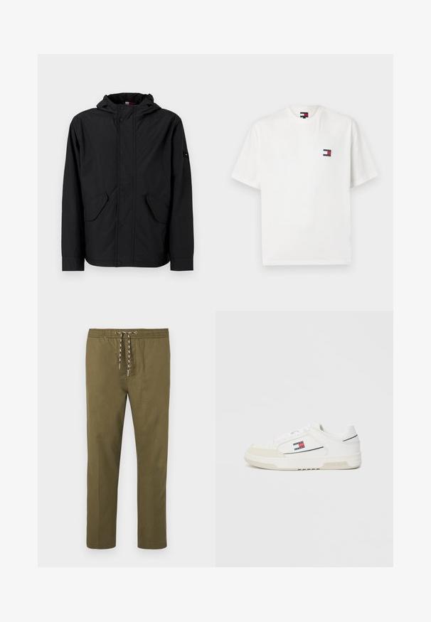 Jachetă neagră cu glugă, dotată cu buzunare frontale cu clapetă, închidere cu fermoar și nasture, expusă pe un fundal simplu de culoare deschisă.; Tricou alb din bumbac cu guler rotund și mâneci scurte. Prezintă un mic patch cu logo în roșu și bleumarin pe pieptul stâng.; Pantaloni verde măsliniu cu talie elastică și șnur ajustabil. Design cu picior drept; materialul are o textură netedă și moale.; Adidași albi cu o parte superioară din piele netedă și vârful din suede, prezentând un mic logo roșu, alb și albastru pe lateral și o talpă texturată.