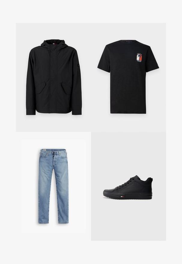 Veste à capuche noire avec poches à rabat à l'avant, fermeture éclair et bouton-pression, présentée sur un fond clair uni.; T-shirt en coton noir avec un col rond et des manches courtes. Présente un logo de palmier en rouge, blanc et bleu sur la poitrine.; Jeans en denim bleu clair à coupe droite. Comprend une fermeture à boutons, cinq poches et une texture légèrement délavée.; Baskets montantes noires avec une tige synthétique lisse, un bout rond, une semelle plate et un petit accent rouge, blanc et bleu sur le côté.