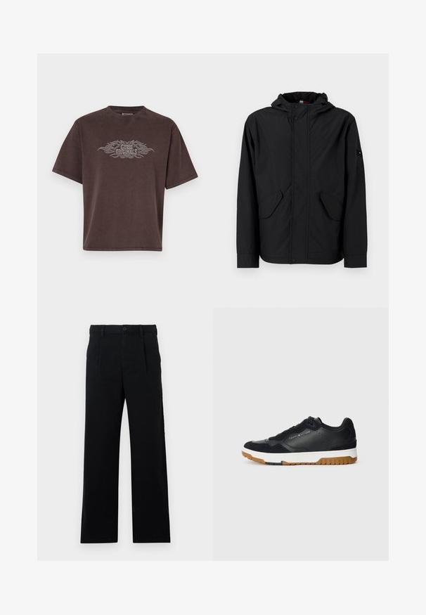 Juoda gobtuvinė striukė su priekinėmis kišenėmis, užtrauktuku ir spaustuku, pristatyta ant šviesaus fono.; Ruda didelė medvilninė T-shirt marškinėliai su trumpomis rankovėmis. Priekyje yra sidabrinė "Guess Originals" grafika su ugnies akcentais.; Juodos pritaikytos kelnės, pagamintos iš medvilnės; turi plokščią priekį, matomas siūles ir tiesaus silueto kirpimą. Mygtuko užsegimas juosmens srityje.; Juodi sportbačiai, pagaminti iš lygaus odos ir suedės mišinio, su balta vidurinė dalimi, guminiu padu ir subtiliu logotipo ženklu šone.