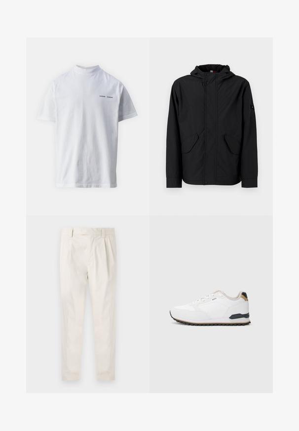 Čierna kapucňová bunda s prednými vreckami na klopu, so zipsom a zacvakávacím uzatváraním, vystavená na svetlom pozadí.; Biely bavlnený tričko s vysokým výstrihom a krátkymi rukávmi. Na prednej strane sa nachádza logo "SAMSØE SAMSØE" v čiernej farbe. Hladká textúra.; Biele plisované nohavice s prispôsobeným strihom, s hladkou textúrou, pútkami na opasok a zúženými nohavicami. Žiadne viditeľné vrecká ani vzory.; Biele športové tenisky s textúrovaným zvrškom, kontrastnými čiernymi a béžovými akcentmi, zaoblenou špičkou a flexibilnou gumovou podrážkou s trakciou.