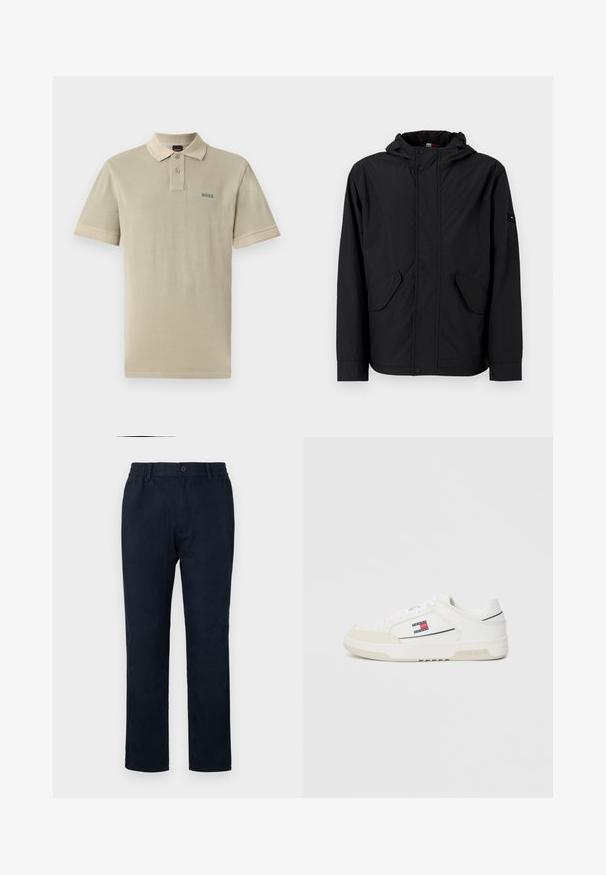 Mustan kapuutsiga jakk, millel on ees klapiga taskud, tõmblukk ja nuppude sulgemine, esitatud eredas heledas taustal.; Beige puuvillane polo-särk, millel on kontrastne krae ja varrukate ääred. Vasakul rinnal on roheline "BOSS" logo.; Tumed tšinoid elastse vööümbruse, esifobi ja sirge sääre disainiga. Sile tekstuur, ilma nähtavate mustriteta.; Valged sneakerid sileda nahkjalatsiga ja sametise toe cap'iga, millel on küljel väike punane, valge ja sinine logo ning tekstureeritud tallad.