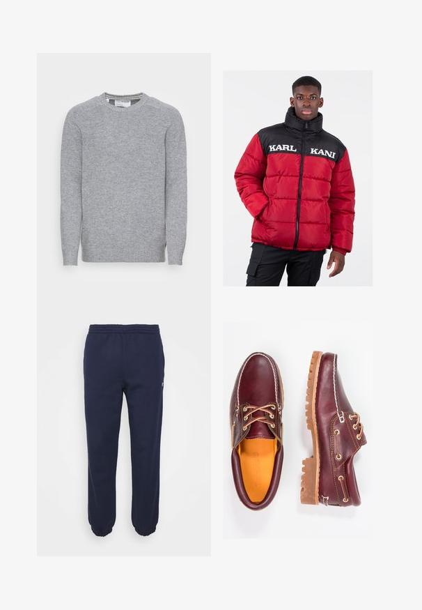Jachetă puffer roșie cu o secțiune superioară neagră, având un guler înalt și branding alb "KARL KANI" pe piept. Față cu fermoar, textură matlasată.; Pulover gri tricotat cu guler rotund, manșete și tiv cu nervuri. Textură netedă și un design simplu, clasic, cu fante laterale.; Pantaloni de trening bleu închis, cu talie elastică și manșete strânse. Fabricati dintr-un material moale, având un mic logo pe lateral.; Pantofi din piele burgundă cu talpă din cauciuc brun, vârf rotund, cusături albe și gauri aurii pentru șireturi. Interiorul are un căptușeală galbenă.