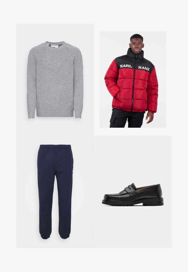 Punane puhvrikate musta ülaosaga, millel on kõrge krae ja valge bränding "KARL KANI" rinna peal. Ees lukuga, quiltitud tekstuur.; Hall kõrbne kootud sviiter, ümmarguse kaelusega, ribidega mansetid ja äär. Sile tekstuur ja lihtne, klassikaline disain külgsisselõigetega.; Tumedat sinised dressipüksid elastse vöökoha ja kogutud sääreotstega. Valmistatud pehmest materjalist, külgedel on väike logo.; Mustad mustad nahast kingad on varustatud tõstetud õmblusega, kahe dekoratiivse rihmaga peal, ja paksu tekstuuriga tallaga paremaks haardeks.