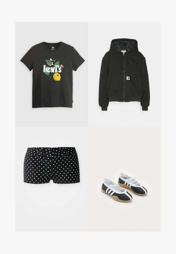 Schwarzer Kapuzenpullover mit Reißverschluss vorne, elastischen Bündchen, einer großen Vordertasche und einem gesteppten Innenfutter. Carhartt-Logo-Patch auf der Tasche.; Schwarzes Baumwoll-T-Shirt mit einem Zitronen-Motiv, weißem Text "levi's" und floralen Akzenten in Grün und Weiß. Kurze Ärmel, Rundhalsausschnitt.; Schwarze Shorts mit weißen Punkten, ausgestattet mit Gürtelschlaufen und einem taillierten Bund auf einem schlichten weißen Hintergrund.; Schwarz-weiße Sportschuhe mit einem eleganten Design, Gummisohle, Schnürverschluss und drei weißen Streifen an den Seiten.