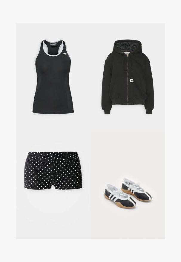 Crna dukserica s kapuljačom ima zatvarač sprijeda, elastične manžetne, veliki prednji džep i podstavu s kviltom. Na džepu je oznaka Carhartt.; Crni sportski majica bez rukava s bijelim detaljima, dizajn s leđa, glatka tekstura, prilagođen oblik i mali bijeli logo na prsima.; Crne hlače s bijelim točkicama, s petljama za remen i pripijenim strukom na običnoj bijeloj pozadini.; Crne i bijele atletske cipele sa elegantnim dizajnom, gumeni potplat, vezanje i tri bijele pruge sa strane.