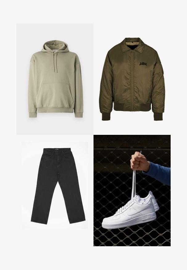 Veste bomber vert olive avec fermeture éclair à l'avant, poignets et ourlet côtelés, et un petit logo noir sur la poitrine. Texture de tissu lisse et brillant.; Hoodie vert olive en mélange de coton doux, dotée d'une poche avant, d'une capuche avec cordon de serrage et de poignets et ourlet côtelés. Design simple et décontracté.; Jean noir taille haute à jambes droites avec poches avant et fermeture à bouton, étendu à plat sur un fond blanc.; Baskets en cuir blanc avec perforations, à bout rond, semelle plate et lacets épais, arborant un logo swoosh visible et "AIR" sur le talon.