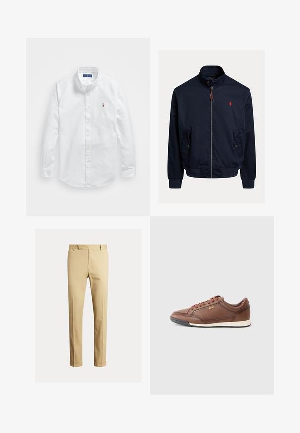 Mørkeblå bomberjakke laget av lett stoff, med glidelås-lukking, to side lommer og en rød brodert logo på brystet.; Hvit bomullskjorte med knapp, klassisk krage, lange ermer og en liten brodert logo på venstre bryst.; Kaki chinos laget av glatt bomullsstoff, med en tettsittende design, frontplisseringer og mansjetter ved ankelen for en smalere look.; Brune lærersneakers med rund tå, snøring, subtil søm og teksturert hvit såle. Minimal merkevare på siden.