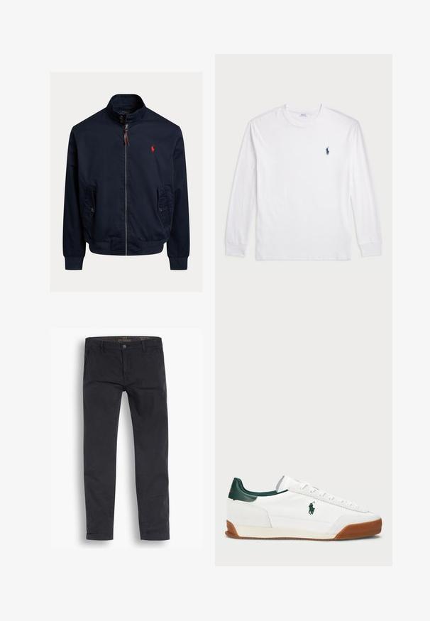 Sötétkék bombázó dzseki könnyű anyagból, cipzárral, két oldalsó zsebbel és vörös hímzett logóval a mellkasi részen.; Fehér, hosszú ujjú póló, pamutból készült. Kerek nyakkivágással, bordás mandzsettákkal és egy kis sötétkék polo logóval a bal mellen.; Fekete chino nadrág, amely pamutból készült. Standard fokozatos kialakítással, elülső zsebekkel és gombos záródással rendelkezik, sima textúrával.; Fehér sneaker zöld bőr részletekkel és homokszínű gumitalppal. Textilből készült, oldalt kiemelkedő logóval. Fűzős kialakítás.