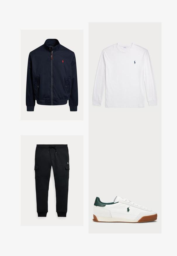 Casaco bomber azul-marinho feito de tecido leve, com fecho de correr, dois bolsos laterais e um logótipo bordado em vermelho no peito.; Camisola de manga longa branca feita de algodão. Apresenta um decote redondo, punhos canelados e um pequeno logótipo de polo azul-marinho no lado esquerdo do peito.; Calças de moletão pretas feitas de tecido macio, com um cós elástico ajustável, apresentando dois bolsos laterais e punhos canelados nos tornozelos.; Sapatilha branca com detalhes em pele verde e sola em borracha bege. Apresenta um corpo em tecido e um logótipo proeminente na lateral. Design com atacadores.