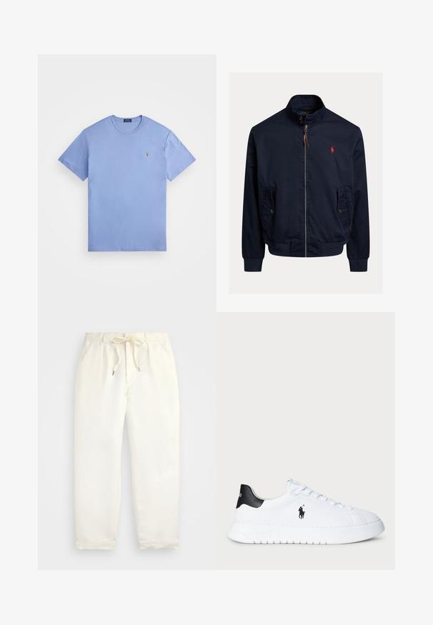Μπλε ναυτικού bomber jacket φτιαγμένο από ελαφρύ ύφασμα, με φερμουάρ, δύο πλαϊνές τσέπες και κόκκινο κεντημένο λογότυπο στο στήθος.; Ανοιχτό μπλε βαμβακερό μπλουζάκι με κοντά μανίκια, στρογγυλή λαιμόκοψη και μικρό κεντημένο λογότυπο στο αριστερό στήθος. Λείο υφή και κλασική εφαρμογή.; Απαλή κρέμα, χαλαρές παντελόνες φτιαγμένες από μαλακό ύφασμα. Διαθέτουν ελαστική μέση με κορδόνι, και σχέδιο κωνικού ποδιού.; Λευκό χαμηλό αθλητικό παπούτσι με μαύρη ταμπέλα στην πτέρνα και μαύρο λογότυπο Polo Ralph Lauren στο πλάι, με λευκές κορδόνες και χοντρή καουτσούκ σόλα.