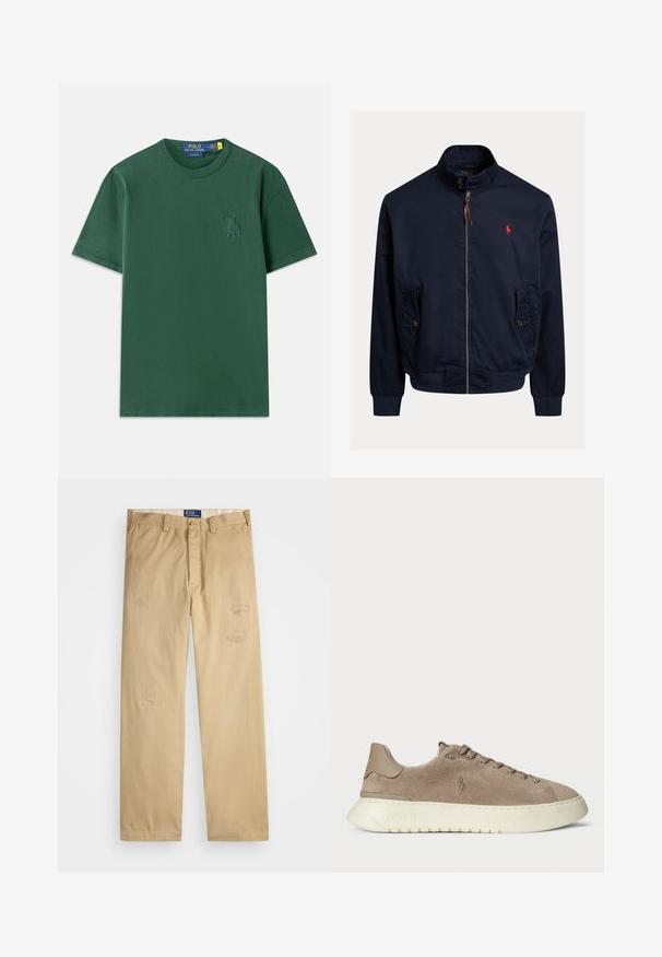 Marinblå bombarjacka i lätt material, med dragkedja, två sidofickor och en röd broderad logotyp på bröstet.; Grön bomulls t-shirt med klassisk passform, med en subtil broderad logotyp på bröstet. Rund halsringning och kortärmade.; Beige bomullbyxor med rak passform. Har slitna lappar och broderade detaljer fram. Klassisk knapp- och dragkedjestängning.; Mockasins i taupe med vit gummisula. Funktioner inkluderar snörning framtill och en präglad logotyp på sidan och hälen.