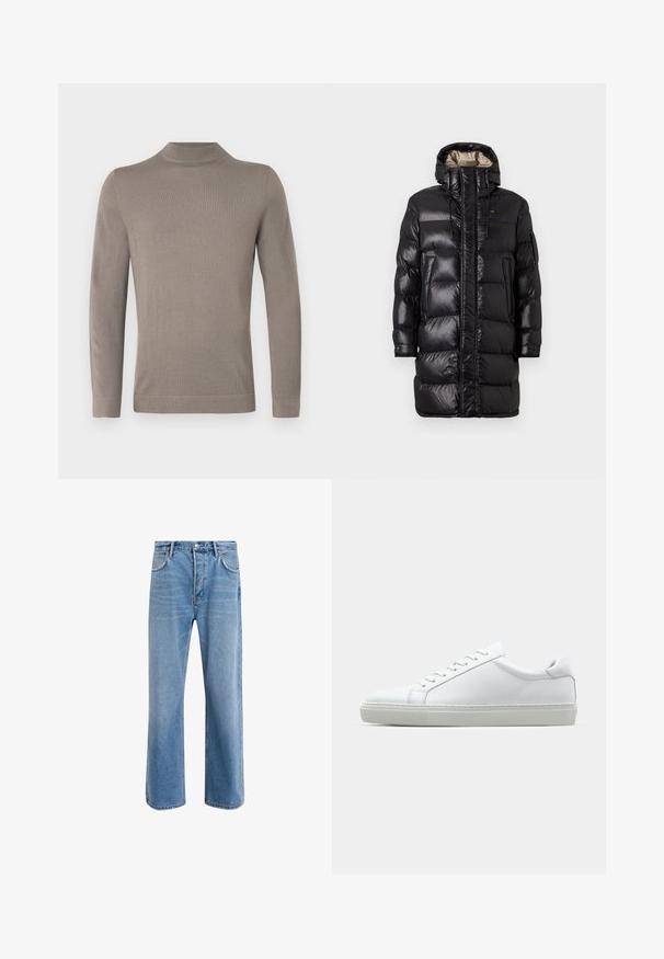 Manteau doudoune noir à finition brillante, avec un col haut, une fermeture éclair à l'avant et deux poches latérales. Design isolé avec des coutures horizontales.; Pull à col roulé marron clair à manches longues. Texture douce en maille, coupe ajustée, poignets et ourlet côtelés. Conception simple et sans coutures.; Jeans en denim bleu clair avec une coupe droite, cinq poches, fermeture à bouton, peu d'usure et des détails de couture contrastés.; Sneaker blanche avec une tige en cuir lisse et un profil bas. Présente un bout arrondi, six œillets et une semelle en caoutchouc texturé.