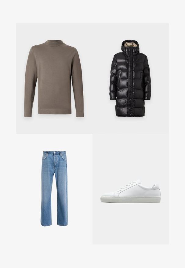 Schwarze Pufferjacke mit glänzender Oberfläche, hohem Kragen, Frontreißverschluss und zwei seitlichen Taschen. Isoliertes Design mit horizontaler Steppung.; Brauner Langarmpullover aus einem glatten, weichen Stoff, mit hohem Kragen und minimalen Nähten. Das Design ist schlicht und modern.; Helle blaue Jeans im Geradeschnitt-Design, mit fünf Taschen, Knopfverschluss, minimaler Ausbleichung und kontrastierenden Nähdetails.; Weißer Sneaker mit glattem Lederobermaterial und niedrigem Profil. Verfügt über eine runde Zehenpartie, sechs Ösen und eine strukturierte Gummisohle.