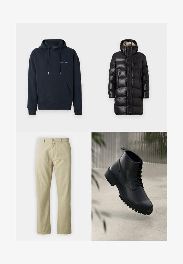 Abrigo tipo puff negro con un acabado brillante, que presenta un alto cuello, cierre frontal y dos bolsillos laterales. Diseño aislante con costuras horizontales.; Sudadera con capucha azul marino de algodón, con un bolsillo tipo canguro y un logotipo blanco impreso en el pecho, y detalles en cordón plateado.; Pantalones de algodón beige con un diseño de pierna recta, cierre frontal con botón y presillas para cinturón. Textura suave, sin patrones ni acentos visibles.; Botas de cuero negro hasta el tobillo con punta redondeada, diseño de cordones y suela de goma resistente. Textura suave con una pestaña en la parte posterior.