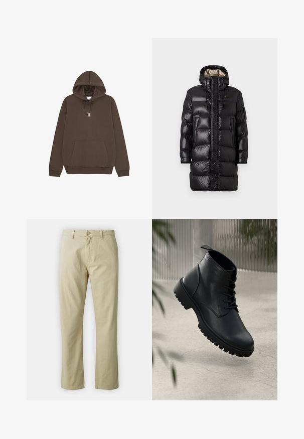 Schwarze Pufferjacke mit glänzender Oberfläche, hohem Kragen, Frontreißverschluss und zwei seitlichen Taschen. Isoliertes Design mit horizontaler Steppung.; Braune Kapuzenjacke mit Kängurutasche, Zugbandkapuze und einem mittig platzierten "II" in weißem Text. Baumwollmaterial mit glatter Textur.; Braunes Langarmshirt aus weichem Stoff, mit Rundhalsausschnitt und geradem Schnitt ohne sichtbare Muster oder Hardware.; Beige Baumwollhose mit geradem Bein, mit vorderem Knopfverschluss und Gürtelschlaufen. Glatte Textur, keine sichtbaren Muster oder Akzente.; Schwarze Lederstiefeletten mit runder Zehenform, Schnürdesign und robustem Gummisohle. Glatte Textur mit einer Zuglasche an der Rückseite.