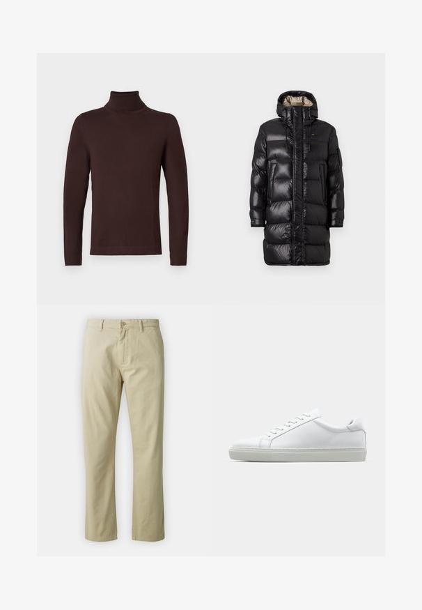Manteau doudoune noir à finition brillante, avec un col haut, une fermeture éclair à l'avant et deux poches latérales. Design isolé avec des coutures horizontales.; Pull en col roulé à manches longues de couleur brun foncé, avec une coupe ajustée, présenté sur un fond blanc uni.; Pantalon en coton beige avec une coupe droite, fermeture à bouton sur le devant et passants de ceinture. Texture lisse, sans motifs ou accents visibles.; Sneaker blanche avec une tige en cuir lisse et un profil bas. Présente un bout arrondi, six œillets et une semelle en caoutchouc texturé.