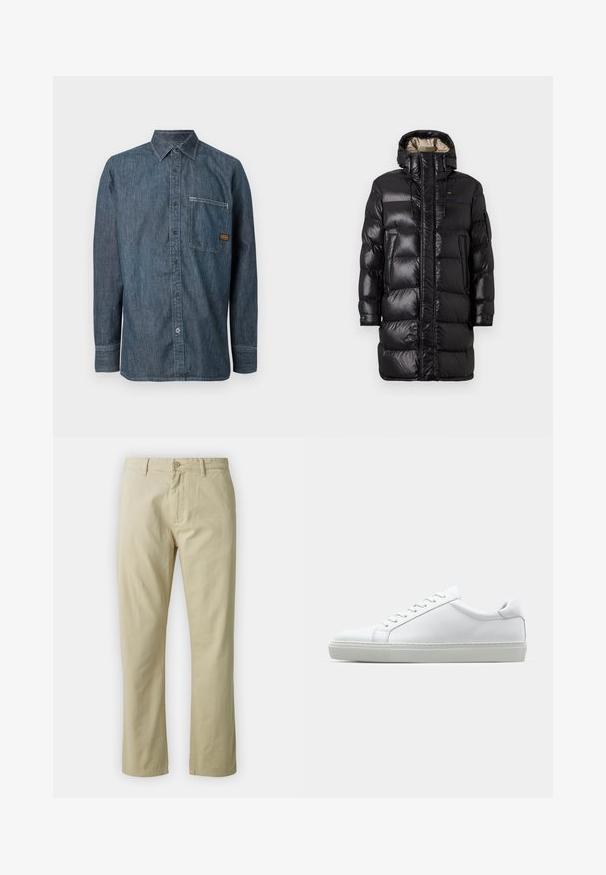 Must värvitud puffjakker läikiva viimistlusega, millel on kõrge krae, esine tõmblukk ja kaks külgtaskut. Isolatsiooniga disain horisontaalsete õmblustega.; Denim pikaõlgadega nööbitav särk terava kraega ja rinna taskuga, millel on väike pruun brändimärk.; Beezid puuvillased püksid sirge sääre kujundusega, esitasku nuppude sulgemise ja vööde abil. Sile tekstuur, ilma nähtavate mustrite või aktsentideta.; Valge tennisetoss, millel on sile nahk pealis ja madal profiil. Omab ümarat ninaosa, kuut silmust ja tekstuuriga kummist talda.