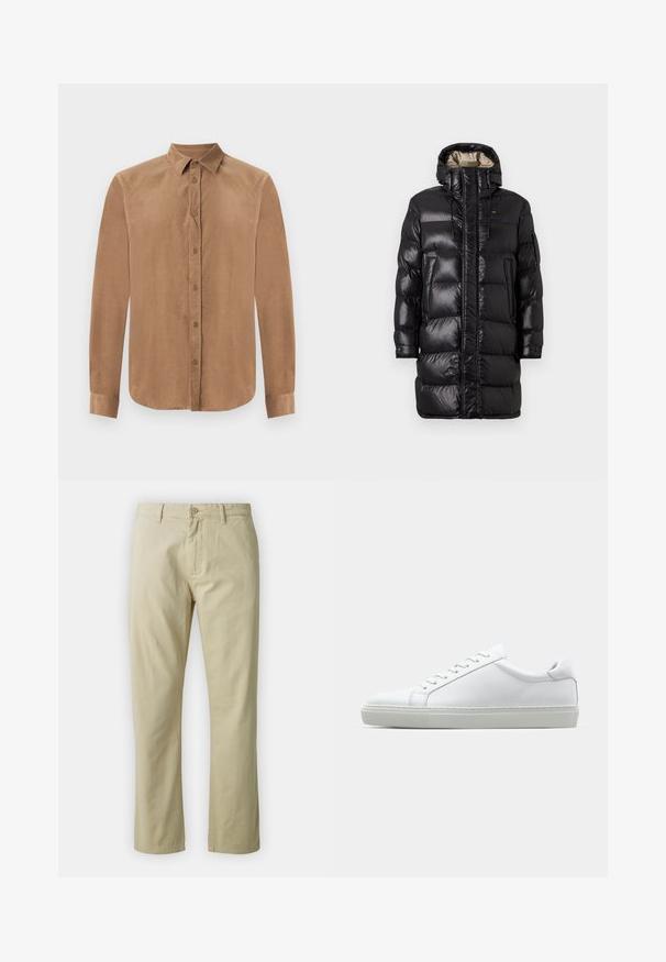 Sort puffjakke med en blank finish, der har en høj krave, frontlynlås og to sidelommer. Isoleret design med horisontale stikninger.; Brun, langærmet skjorte med knapper i blødt stof, der har en klassisk krave og frontlukning med knapper. Glat tekstur med lige snit.; Beige bomuldsbukser med lige ben-design, frontlukning med knap og bæltestropper. Glat tekstur, ingen synlige mønstre eller accenter.; Hvide sneakers med en glat læderoverdel og lav profil. Har en rund tå, seks snørehuller og en tekstureret gummisål.