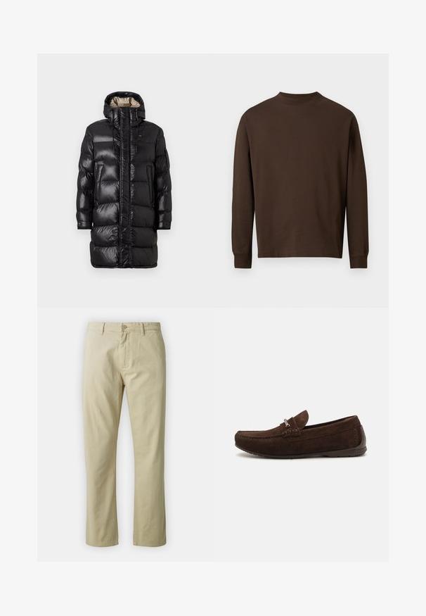 Zwarte pufferjas met een glanzende afwerking, voorzien van een hoge kraag, een ritssluiting aan de voorkant en twee zijzakken. Geïsoleerd ontwerp met horizontale stiksels.; Bruine lange mouwen shirt gemaakt van zachte stof, met een ronde halslijn en een rechte snit zonder zichtbare patronen of hardware.; Beige katoenen broek met een recht ontwerp, knoopsluiting aan de voorkant en riemlussen. Gladde textuur, geen zichtbare patronen of accenten.; Bruine suède instappers met een gestikt ontwerp, subtiele textuur, ronde neus en accenten van zilver hardware. Lage rubberen zool voor comfort.