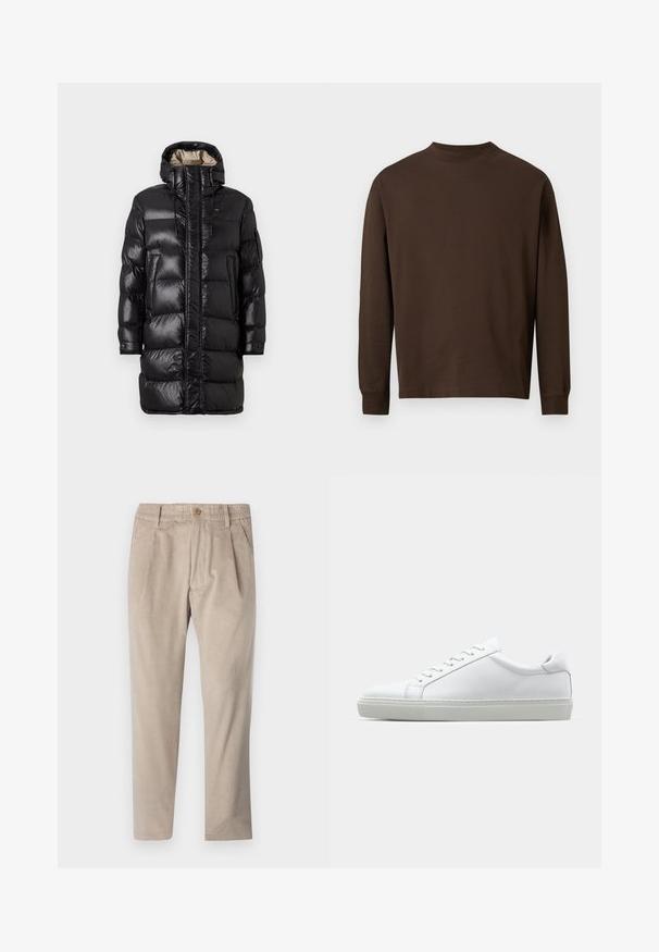 Black puffer coat with a glossy finish, featuring a high collar, front zipper, and two side pockets. Insulated design with horizontal stitching.; Brown long-sleeve shirt made of soft fabric, featuring a crew neckline and straight cut with no visible patterns or hardware.; Beige corduroy pants with an elastic waistband, button closure, and pleat details, featuring a straight leg design and textured fabric.; White sneaker with a smooth leather upper and a low profile. Features a rounded toe, six eyelets, and a textured rubber sole.