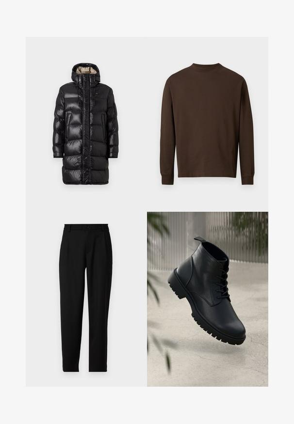 Juodas pūkinis paltas su blizgiu paviršiumi, turintis aukštą apykaklę, priekinį užtrauktuką ir dvi šonines kišenes. Šildanti konstrukcija su horizontaliais siūlėmis.; Ruda ilgomis rankovėmis marškiniai, pagaminti iš švelnios medžiagos, su apvaliu kaklu ir tiesiu kirpimu, be matomų raštų ar detalių.; Juodi kelnių su tiesiu kirpimu, su juosmeniu, kuriame yra elastinga juosta gale, ir priekiniais mygtukais. Pagaminti iš lygios medžiagos.; Juodi odiniai auliniai batai su apvaliu pirštu, su raišteliais ir tvirtu guminio pado dizainu. Romus paviršius su kilpeliu gale.
