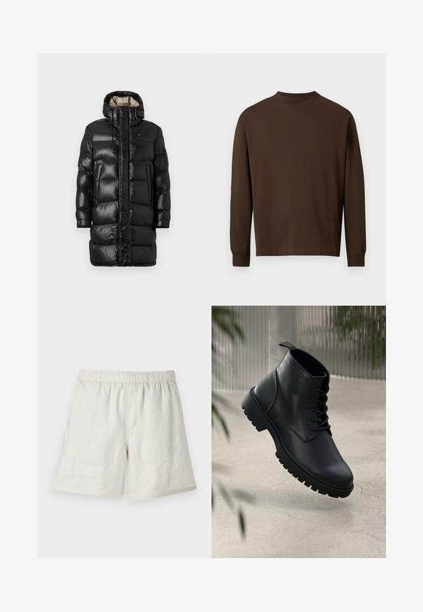 Čierna nadýchaná bunda s lesklým povrchom, s vysokým golierom, predným zipsom a dvoma bočnými vreckami. Izolovaný dizajn s horizontálnym švom.; Hnedá košeľa s dlhým rukávom vyrobená z jemnej látky, s okrúhlym výstrihom a rovný strih bez viditeľných vzorov alebo kovových prvkov.; Svetlé béžové ľanové šortky s elastickým pásom, ktoré majú voľný strih a minimálne švy pre jednoduchý, každodenný dizajn.; Čierne kožené členkové topánky s okrúhlou špicou, šnurovací dizajn a robustná gumová podrážka. Hladký povrch s pútkom na zadnej strane.