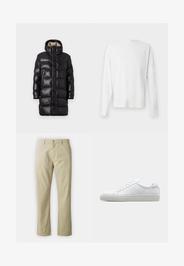 Palton puf negru cu un finisaj lucios, având o guler înalt, fermoar frontal și două buzunare laterale. Design izolat cu cusături orizontale.; Cămașă albă din bumbac cu mâneci lungi, decolteu rotund, fante pe laterale la baza, cu o textură netedă, expusă din spate.; Pantaloni din bumbac bej cu un design drept, închidere frontală cu buton și curea. Textură netedă, fără modele sau accente vizibile.; Adidași albi cu o suprafață din piele netedă și un profil jos. Au un vârf rotunjit, șase orificii pentru șireturi și o talpă din cauciuc texturată.