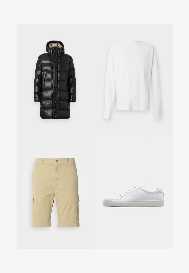 Czarna kurtka puchowa z błyszczącym wykończeniem, z wysokim kołnierzem, zamkiem błyskawicznym z przodu oraz dwiema bocznymi kieszeniami. Izolowana konstrukcja z poziomym przeszyciem.; Biała, bawełniana koszula z długim rękawem, okrągłym dekoltem, bocznymi rozcięciami na dole oraz gładką fakturą, wyeksponowana z tyłu.; Khaki szorty cargo wykonane z bawełny o gładkiej teksturze, z bocznymi kieszeniami i zapięciem na guzik w talii.; Białe sneakersy z gładką skórzaną cholewką i niskim profilem. Posiadają okrągły nos, sześć dziurek na sznurówki oraz teksturowaną gumową podeszwę.