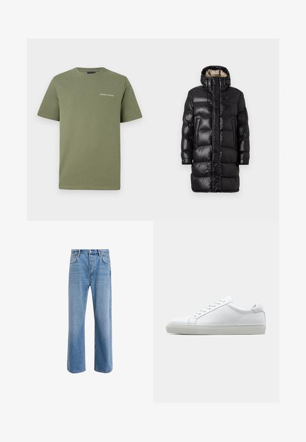 Must värvitud puffjakker läikiva viimistlusega, millel on kõrge krae, esine tõmblukk ja kaks külgtaskut. Isolatsiooniga disain horisontaalsete õmblustega.; Oliivroheline puuvillane T-särk lühikeste varrukatega ja ümmarguse kaelusega. Vasaku rinnaosa peal on valge logo print. Sile tekstuur.; Heledad sinine teksapüksid otse lõikega, viie taskuga, nupuga sulgemine, minimaalne kulumine ja kontrastsed õmbluse detailid.; Valge tennisetoss, millel on sile nahk pealis ja madal profiil. Omab ümarat ninaosa, kuut silmust ja tekstuuriga kummist talda.