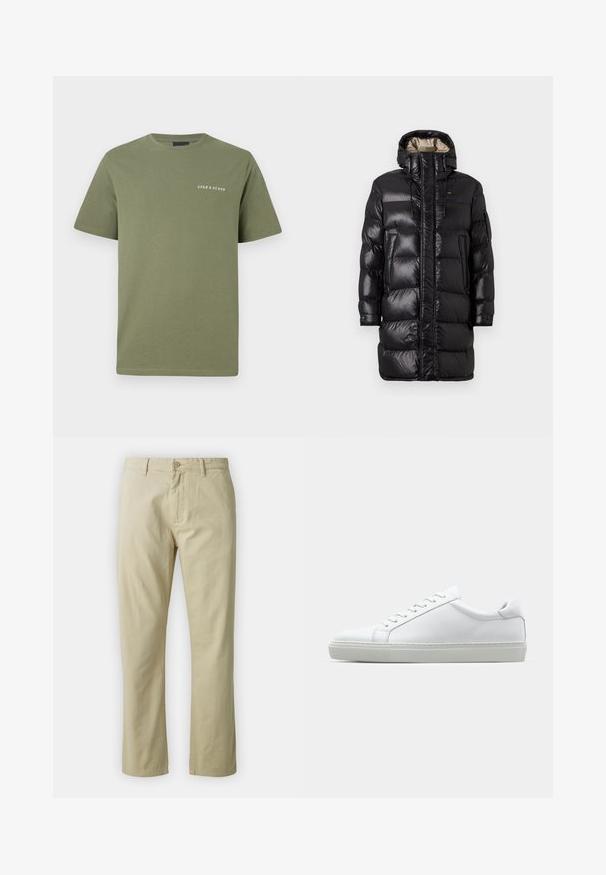 Juodas pūkinis paltas su blizgiu paviršiumi, turintis aukštą apykaklę, priekinį užtrauktuką ir dvi šonines kišenes. Šildanti konstrukcija su horizontaliais siūlėmis.; Alyvuogių žalios spalvos medvilnės marškinėliai trumpomis rankovėmis ir apvaliu iškirpimu. Kairiajame krūtinės plote yra baltas logotipas. Sklandžios tekstūros.; Bežiniai medvilniniai kelnės su tiesiais blauzdomis, priekyje su mygtukų uždarymu ir diržo kilpomis. Lygus paviršius, nėra matomų raštų ar akcentų.; Baltas sportinis batelis su lygiu odiniu paviršiumi ir žemu profiliu. Turi suapvalintą pirštą, šešis akių skyrius ir tekstūruotą gumos padą.