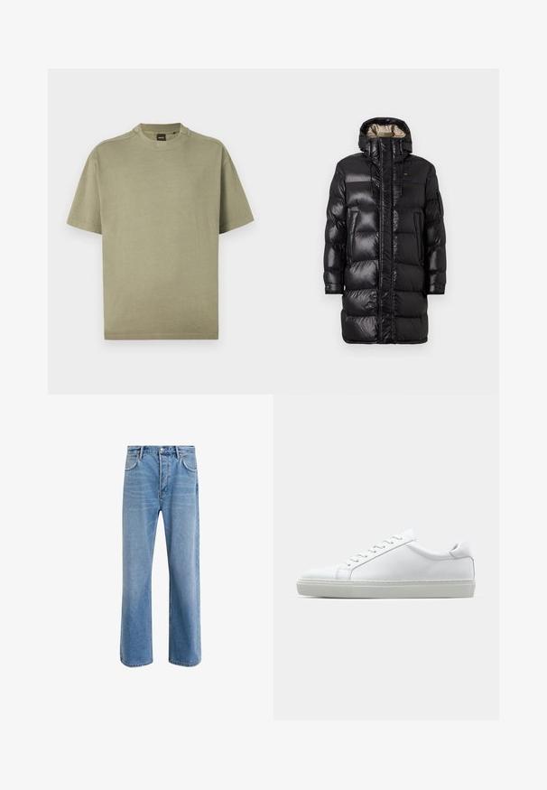 Melnā pūkainā jaka ar spīdīgu apdari, augstu apkakli, priekšējo rāvējslēdzēju un divām sānu kabatām. Izolēts dizains ar horizontālu šuvēm.; Olivza zaļa īsām piedurknēm T-kreklu, izgatavotu no mīksta kokvilnas, ar apaļu izgriezumu un vienkāršu dizainu, ar smalku logotipu uz kakla izgriezuma.; Gai zilas džinsu bikses ar taisnām kājām, piecām kabatām, pogu aizvēršanu, minimālu izbalēšanu un kontrastējošiem šuvju elementiem.; Baltie sporta apavi ar gludu ādas virsu un zemu profilu. Iezīmējas ar noapaļotu purngalu, sešām acīm un teksturētu gumijas zoli.