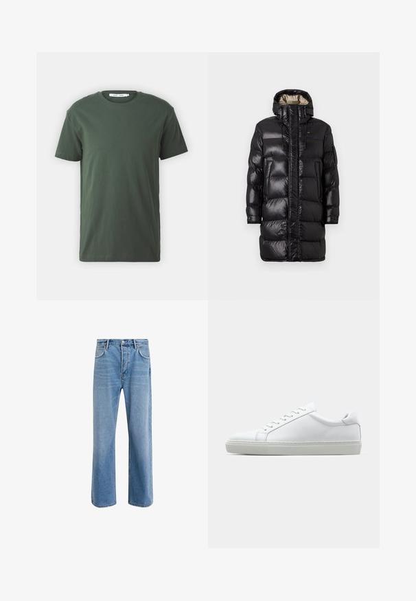 Černý pufový kabát s lesklým povrchem, vysokým límcem, předním zipem a dvěma bočními kapsami. Izolovaný design s horizontálním prošíváním.; Tmavě zelené bavlněné tričko, krátké rukávy, kulatý výstřih, uvolněný střih, jednoduchý design a hladká textura bez viditelných vzorů nebo akcentů.; Světle modré džínové kalhoty s rovnými nohavicemi, pěti kapsami, zapínáním na knoflík, minimálním vyblednutím a kontrastním prošitím.; Bílé tenisky s hladkým koženým svrškem a nízkým profilem. Mají zaoblenou špičku, šest nýtů a texturovanou gumovou podrážku.