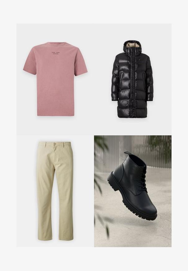 Piumino nero con finitura lucida, dotato di un colletto alto, zip frontale e due tasche laterali. Design isolato con cuciture orizzontali.; T-shirt a maniche corte in rosa polveroso, realizzato in cotone morbido. Presenta un collo rotondo e un piccolo logo nero sul retro. Design semplice.; Pantaloni in cotone beige dal design a gamba dritta, con chiusura frontale a bottone e passanti per cintura. Tessuto liscio, senza motivi o dettagli visibili.; Stivali alla caviglia in pelle nera con punta arrotondata, design con lacci e suola in gomma robusta. Texture liscia con una linguetta sul retro.