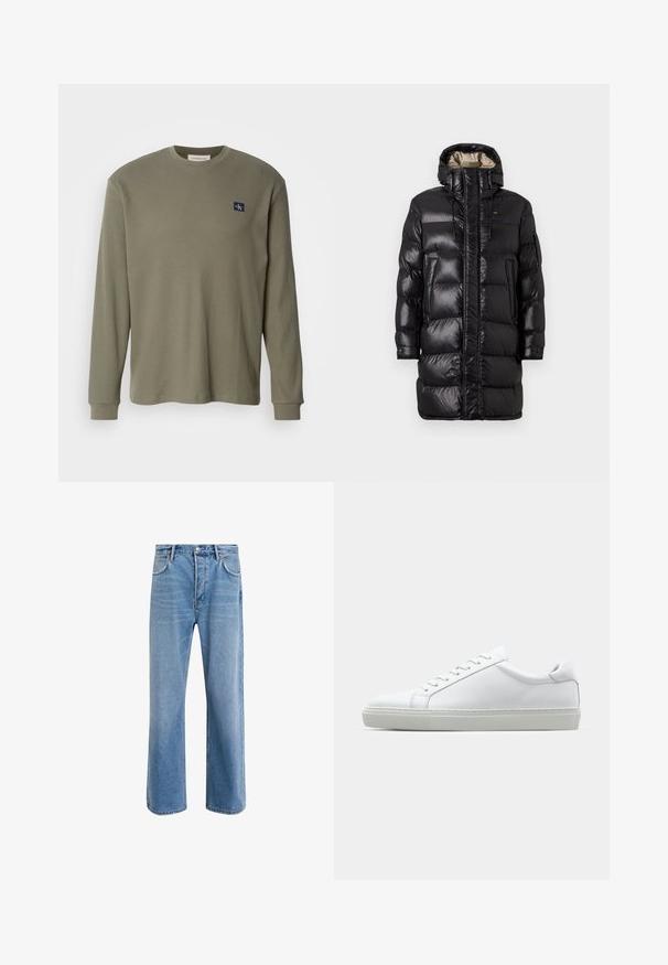 Fekete puffázott kabát fényes felülettel, magas gallérral, elöl cipzárral és két oldalsó zsebbel. Szigetelt kialakítás vízszintes varrásokkal.; Hosszú ujjú olívazöld bordázott póló kerek nyakkivágással és bal mellen egy tengerészkék logóval. Az anyag lágy és texturált megjelenésű.; Világoskék farmernadrág, egyenes szárú fazonnal, öt zsebbel, gombos záródással, minimális kopással és kontrasztos varrással.; Fehér sportcipő sima bőr felső résszel és alacsony profilsal. Kerek orr, hat fűzőlyuk és barázdált gumitalp jellemzi.