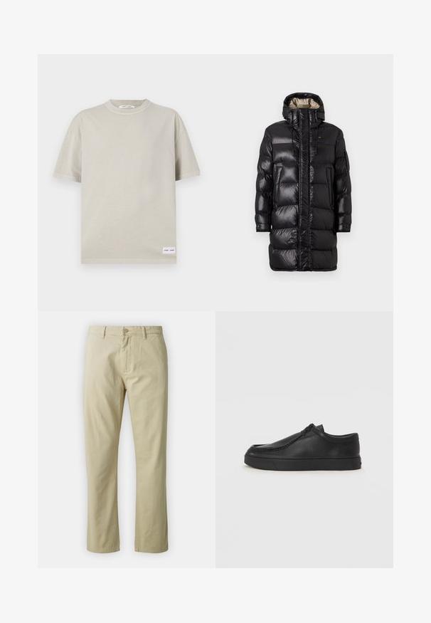 Piumino nero con finitura lucida, dotato di un colletto alto, zip frontale e due tasche laterali. Design isolato con cuciture orizzontali.; T-shirt beige chiaro a maniche corte realizzato in tessuto morbido, con scollatura rotonda e una piccola etichetta in basso a sinistra.; Pantaloni in cotone beige dal design a gamba dritta, con chiusura frontale a bottone e passanti per cintura. Tessuto liscio, senza motivi o dettagli visibili.; Scarpa slip-on in pelle nera con punta arrotondata, dettagli cuciti e suola in gomma nera. Texture liscia con design minimalista.