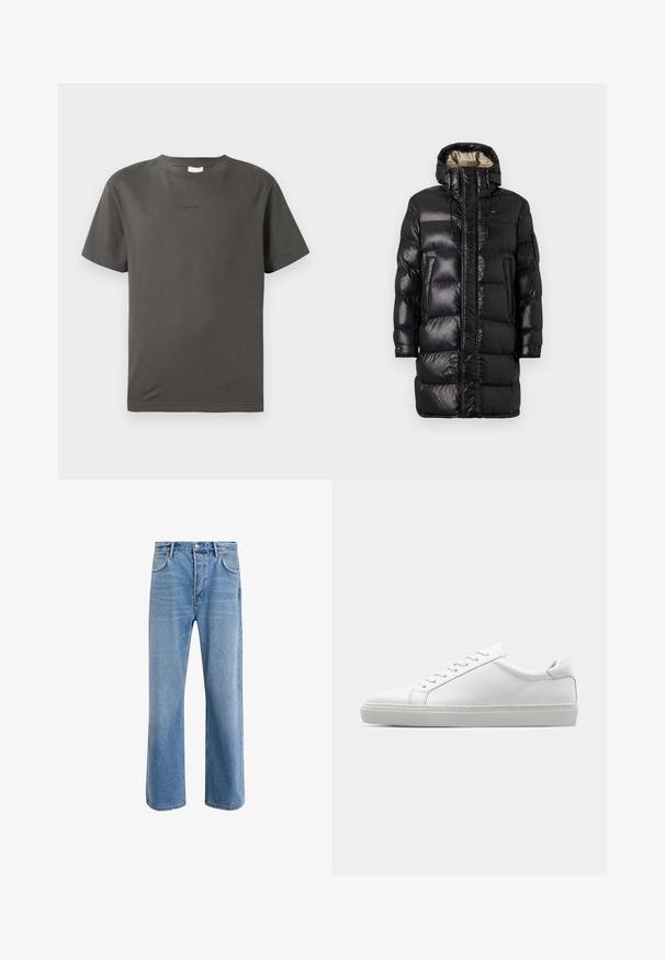 Melnā pūkainā jaka ar spīdīgu apdari, augstu apkakli, priekšējo rāvējslēdzēju un divām sānu kabatām. Izolēts dizains ar horizontālu šuvēm.; Pelēks kokvilnas T-krekls ar apaļu kakla izgriezumu un īsām piedurknēm. Priekšpusē ir neliels, atturīgs logotips. Gluda tekstūra un klasiskā piegriezte.; Gai zilas džinsu bikses ar taisnām kājām, piecām kabatām, pogu aizvēršanu, minimālu izbalēšanu un kontrastējošiem šuvju elementiem.; Baltie sporta apavi ar gludu ādas virsu un zemu profilu. Iezīmējas ar noapaļotu purngalu, sešām acīm un teksturētu gumijas zoli.