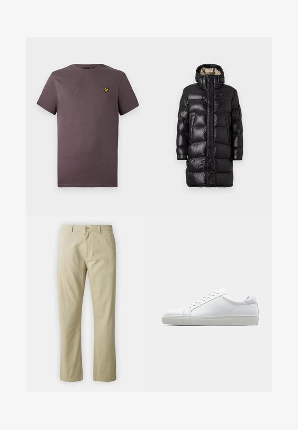 Juodas pūkinis paltas su blizgiu paviršiumi, turintis aukštą apykaklę, priekinį užtrauktuką ir dvi šonines kišenes. Šildanti konstrukcija su horizontaliais siūlėmis.; Šviesiai rudas marškinėliai trumpomis rankovėmis su mažu geltonu paukščio logotipu kairėje krūtinės pusėje, rodomi prieš šviesų foną.; Bežiniai medvilniniai kelnės su tiesiais blauzdomis, priekyje su mygtukų uždarymu ir diržo kilpomis. Lygus paviršius, nėra matomų raštų ar akcentų.; Baltas sportinis batelis su lygiu odiniu paviršiumi ir žemu profiliu. Turi suapvalintą pirštą, šešis akių skyrius ir tekstūruotą gumos padą.