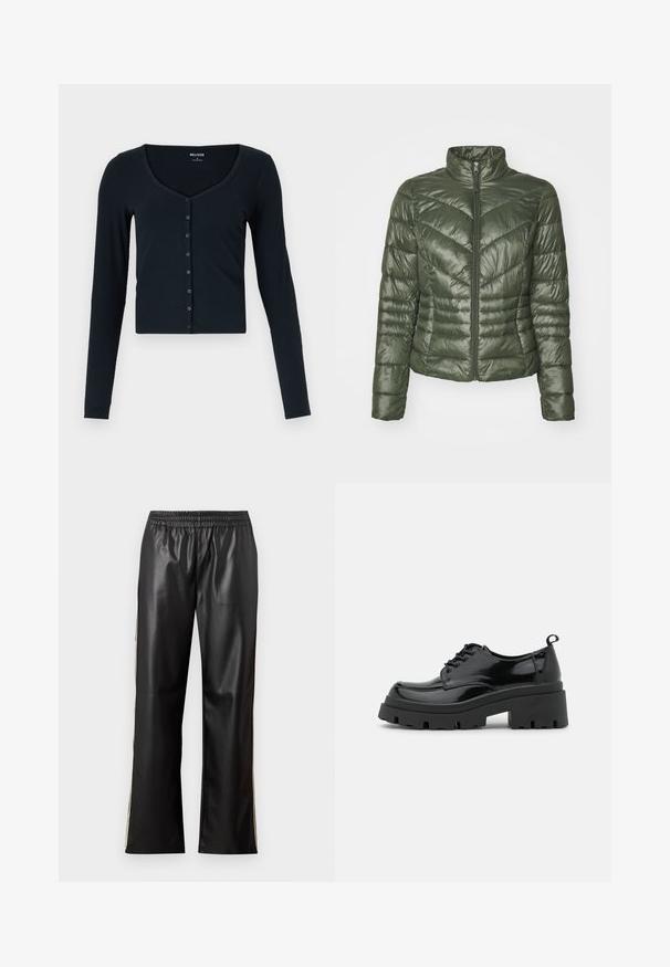 Puchowa kurtka w ciemnozielonym kolorze, z wysokim kołnierzem, zamek błyskawiczny z przodu oraz wzorem w romby, który zapewnia teksturę i izolację.; Czarny długi rękaw krótki top wykonany z prążkowanej tkaniny. Posiada głęboki dekolt w kształcie łódki oraz rząd guzików z przodu.; Dwie bezrękawniki w kolorze czarnym i białym, wykonane z prążkowanej bawełny, z okrągłymi dekoltami i dopasowanym fasonem. Widoczne etykiety na obu.; Czarne spodnie z sztucznej skóry z elastycznym pasem, prostą nogawką i kontrastującymi bocznymi paskami. Gładka faktura i minimalistyczny styl.; Czarne lakierowane buty na platformie z grubą podeszwą i grubymi sznurówkami. Okrągły przód, minimalne zdobienia oraz mały uchwyt z tyłu.