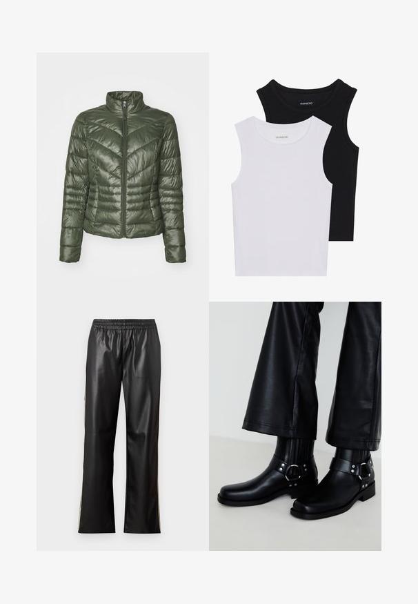 Zateplená bunda v tmavozelenej farbe, s vysokým golierom, predným zipsom a vzorom šípok pre textúru a izoláciu.; Dve bezrukávové topy v čiernej a bielej farbe, vyrobené z rebrovanej bavlny, s okrúhlym výstrihom a priliehavým strihom. Viditeľné štítky na oboch.; Čierne nohavice z umelej kože s elastickým pásom, rovný strih a kontrastné bočné pruhy. Hladká textúra a minimalistický štýl.; Čierne kožené členkové topánky s okrúhlou špičkou, s ozdobnou prackou a nitmi na pásiku, a vertikálnym jemným detailom.