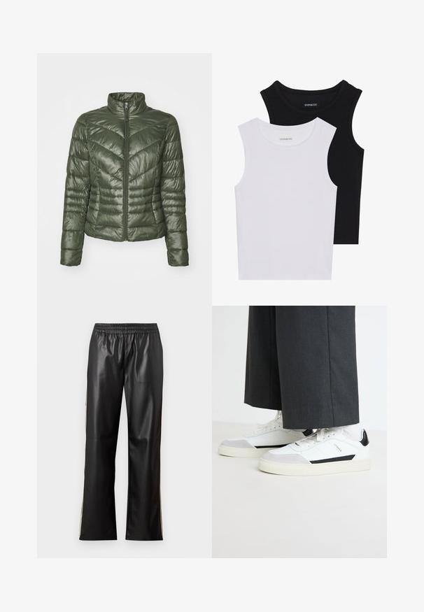 Puchowa kurtka w ciemnozielonym kolorze, z wysokim kołnierzem, zamek błyskawiczny z przodu oraz wzorem w romby, który zapewnia teksturę i izolację.; Dwie bezrękawniki w kolorze czarnym i białym, wykonane z prążkowanej bawełny, z okrągłymi dekoltami i dopasowanym fasonem. Widoczne etykiety na obu.; Czarne spodnie z sztucznej skóry z elastycznym pasem, prostą nogawką i kontrastującymi bocznymi paskami. Gładka faktura i minimalistyczny styl.; Copenhagen Studios CPH253 X TONI GARRN szary