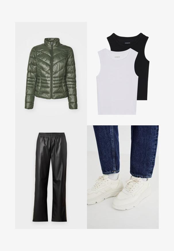 Veste rembourrée de couleur vert foncé, dotée d'un col élevé, d'une fermeture éclair sur le devant et d'un motif de couture en chevrons pour la texture et l'isolation.; Deux hauts sans manches en noir et blanc, en coton côtelé, avec des encolures rondes et une coupe ajustée. Étiquettes visibles sur les deux.; Pantalons en faux cuir noir avec une taille élastique, design à jambe droite et rayures latérales contrastantes. Texture lisse et style minimaliste.; Des baskets de sport blanches avec une semelle épaisse, un design à lacets et des panneaux texturés. Associées à un jean en denim bleu foncé et des chaussettes grises claires.