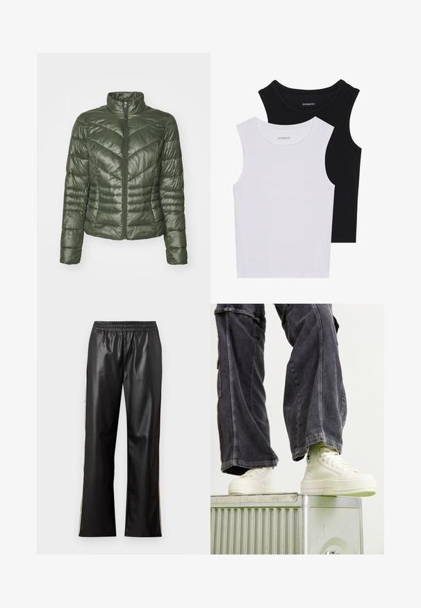 Casaco acolchoado em verde escuro, com gola alta, fecho frontal e padrão de costura em zigue-zague para textura e isolamento.; Duas blusas sem mangas em preto e branco, feitas de algodão canelado, com decotes redondos e um design ajustado. Etiquetas visíveis em ambas.; Calças pretas de imitação de couro com uma cintura elástica, design de perna reta e riscas laterais contrastantes. Textura suave e estilo minimalista.; Ténis de cano alto em lona off-white com solas de borracha, costura detalhada e um logotipo circular, combinados com calças cargo largas em cinza-escuro.