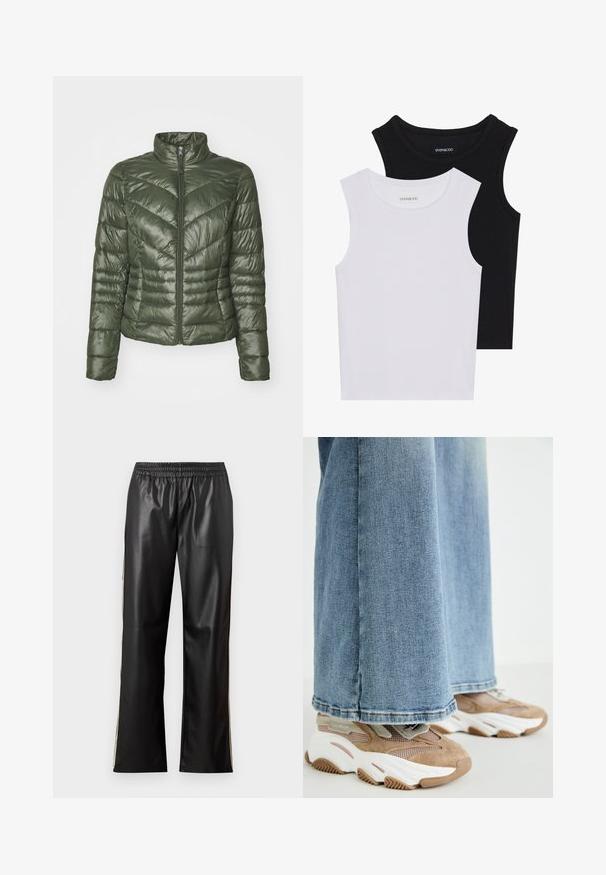 Polstret jakke i mørkegrønn, med høy krage, frontglidelås og chevron-sømdesign for tekstur og isolasjon.; To skjortetopper uten ermer i svart og hvitt, laget av ribbestrikket bomull, med rund hals og en tettsittende design. Merker synlige på begge.; Sorte faux skinnbukser med elastisk midje, rett ben-design, og kontrasterende sidestroker. Glatt tekstur og minimalistisk stil.; Steve Madden POSSESSIONE - Joggesko - oatmeal