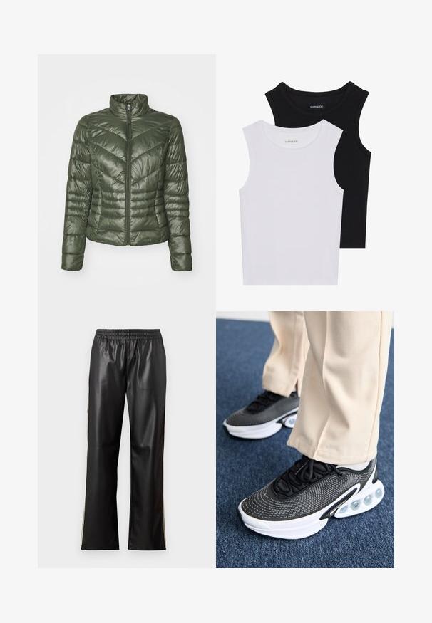 Padded jakna u tamnozelenoj boji, s visokim ovratnikom, prednjim patentnim zatvaračem i chevron uzorkom za teksturu i izolaciju.; Dva majica bez rukava u crnoj i bijeloj boji, izrađene od rebrastog pamuka, s okruglim izrezima i prianjajućim dizajnom. Oznake su vidljive na obje.; Crne hlače od umjetne kože s elastičnim pojasom, ravnim krojem i kontrastnim bočnim trakama. Glatka tekstura i minimalistički stil.; Crne i bijele atletske cipele s mrežastim gornjim dijelom s teksturom, s zakrivljenim potplatom koji ima vidljivu zračnu amortizaciju i elegantan dizajn.