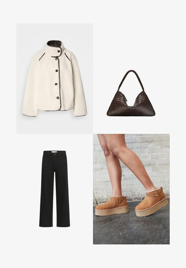 Cream-colored fleece jacket with a high collar, black trim, and five black buttons down the front. Features a relaxed fit and soft texture.; Light gray knitted long-sleeve sweater with a ribbed hem and cuffs, featuring a V-neck collar and relaxed fit.; White short-sleeve t-shirt made of cotton. Features a crew neckline and a relaxed fit. Smooth texture with no visible patterns or accents.; Kaffe KABROOK HW REG FIT - Flared Jeans - black deep; Brown suede ankle boots with a plush lining, thick beige platform sole, and a rear pull tab. Textured surface with visible stitching details.; Dark brown triangular woven leather handbag with a single braided handle and visible zipper pull on one side.; Set of eight silver rings, various designs including smooth, textured, and one with small pearls. Features include curves and accents.