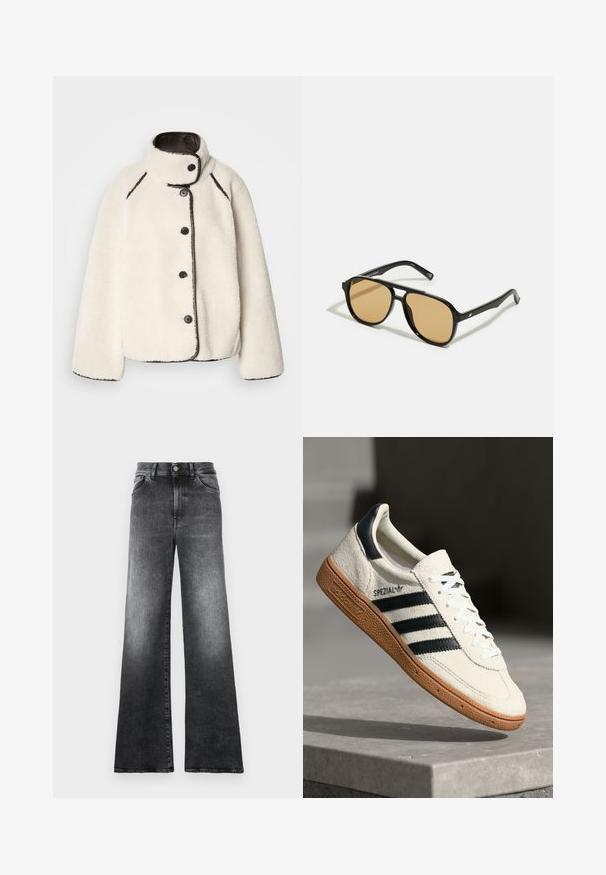 Valkoinen fleece-takki, jossa on korkea kaulus, mustat reunat ja viisi mustaa nappia edessä. Takki on väljästi istuva ja pehmeä tekstiili.; Musta ylipitkä turtleneck-neulepaita, joka on valmistettu pehmeästä neuloksesta. Paidassa on ribattu kaulus ja hihansuut, rento istuvuus sekä ei mitään koristeita.; Leviisilahjeet harmaan gradient denimissä, joissa on napillinen sulku, viisi taskua ja haalistunut pinta.; Valkoinen nahan näköinen sneaker, jossa on tummansinisiä raitoja, kuminen pohja, teksturoitu yläosa, pyöreä kärki ja nauhoitus; sisältää brändäystä sivussa ja kielekkeessä.; Mustat aurinkolasit ruskeilla sävyillä; suorakaiteen muotoiset, joissa on paksu kehys ja hienovaraiset metallikoristeet varsissa.