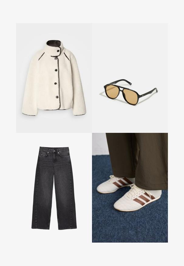 Krem boje flis jakna s visokim ovratnikom, crnim detaljima i pet crnih dugmadi sprijeda. Ima ležeran kroj i mekanu teksturu.; Crni pleteni džemper s visokim rebrastim rolkom i spuštenim ramenima. Ima opušteni, kutijasti kroj te rebraste manžete i rub.; Crne traperice visokog struka, širokih nogavica s izbjeljenim završetkom. Imaju prednje kopčanje na dugme i pet džepova, s vidljivim šavovima.; Bijele tenisice s smeškim prugama nosene s smešnim hlačama na plavom tepihu.; Crne sunčane naočale s smeškastim sočivima; pravokotni oblik s debelim okvirom, uključujući suptilne hardverske akcentne detalje na sljepoočnicama.; Crna lažna kožna torba za ruke jedinstvenog polumjesečastog oblika, s širokim, podstavljenim ručkom i zatvaranjem na zip. Glatka, sjajna tekstura, minimalistički dizajn.