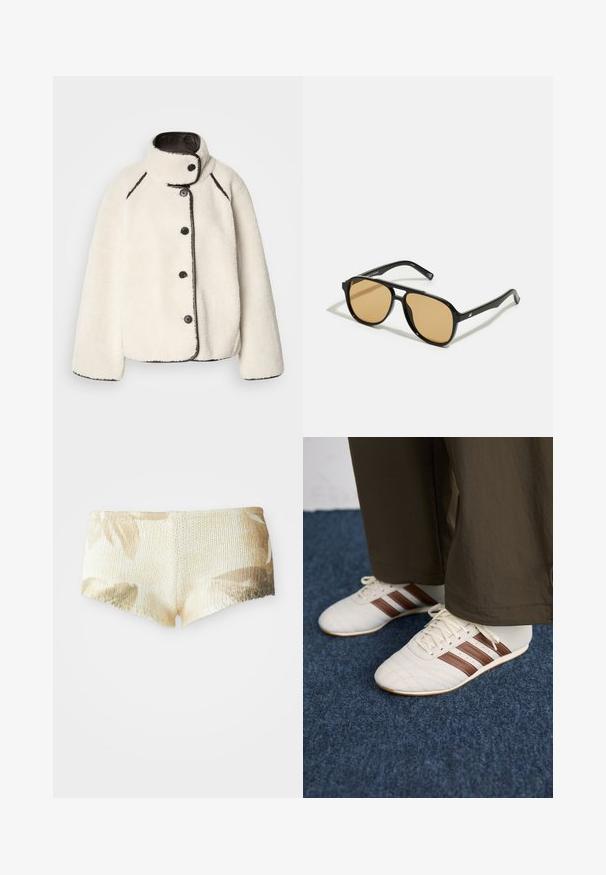 Veste en polaire couleur crème avec un col haut, des bordures noires et cinq boutons noirs sur le devant. Présente une coupe décontractée et une texture douce.; Pull noir en maille avec un col roulé côtelé haut et des épaules tombantes. Présente une coupe décontractée et carrée avec des poignets et un ourlet côtelés.; Shorts tricotés en beige clair avec un motif floral. Dotés d'une surface texturée et d'un ourlet festonné. Tissu doux et léger.; Baskets blanches avec des rayures marron portées avec un pantalon marron sur un sol en moquette bleue.; Lunettes de soleil noires avec des verres teintés marron ; forme rectangulaire avec une monture épaisse, incluant des détails discrets en métal sur les branches.; Sac à main en simili cuir noir avec une forme de croissant unique, une large poignée rembourrée et une fermeture éclair. Texture lisse et brillante, design minimaliste.